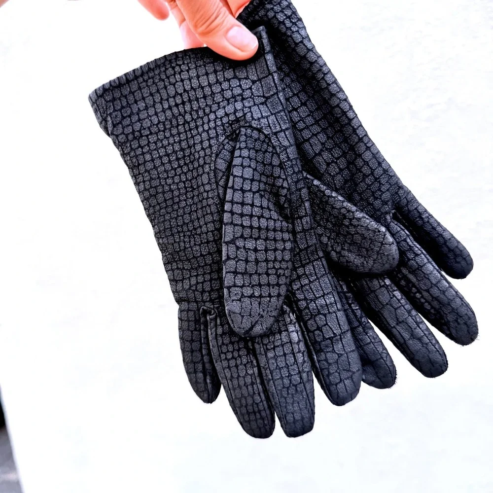 Cardinal Glove‎ Co Vintage Black Croc Embossed Genuine Leather Gloves Large Chic